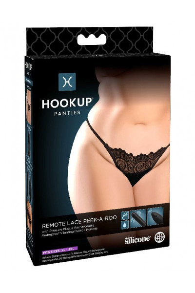 Черные трусики Remote Lace Peek-a-Boo XL-XXL с вибрацией и анальным стимулятором