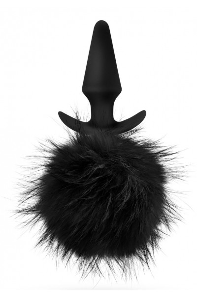 Силиконовая анальная пробка с чёрным заячьим хвостом Bunny Tail Pom Plug - 12,7 см.