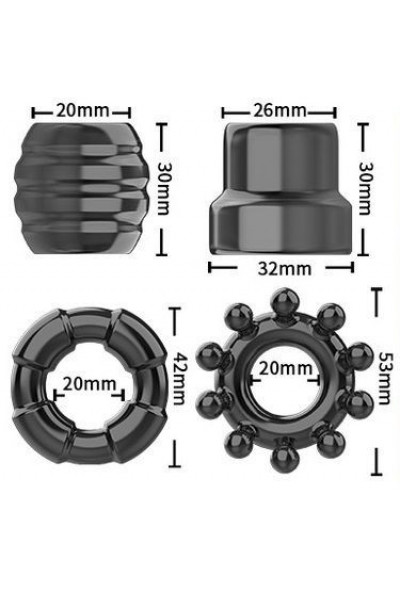 Набор из 4 черных рельефных эрекционных колец на пенис