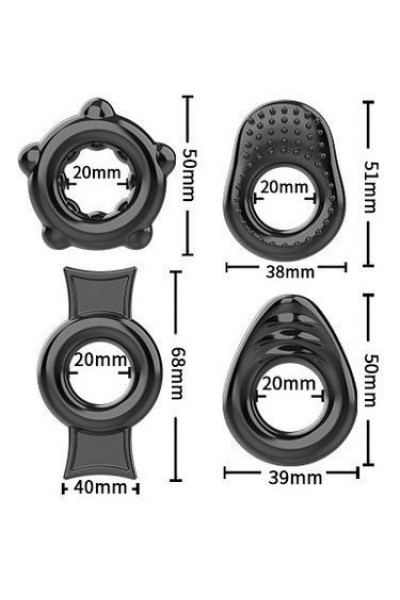 Набор из 4 черных эрекционных колец на пенис с рельефом