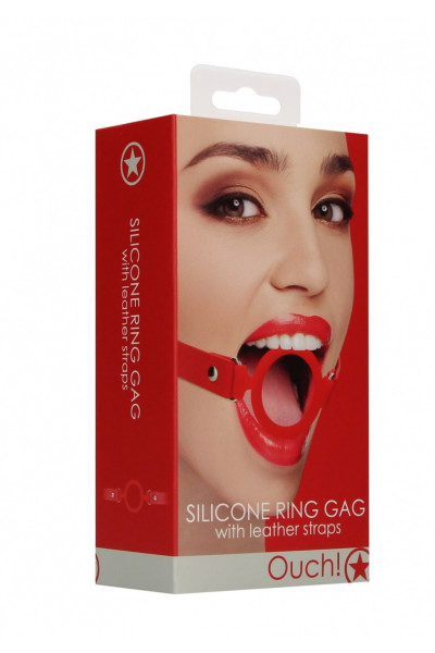 Красный кляп-кольцо с кожаными ремешками  Silicone Ring Gag with Leather Straps