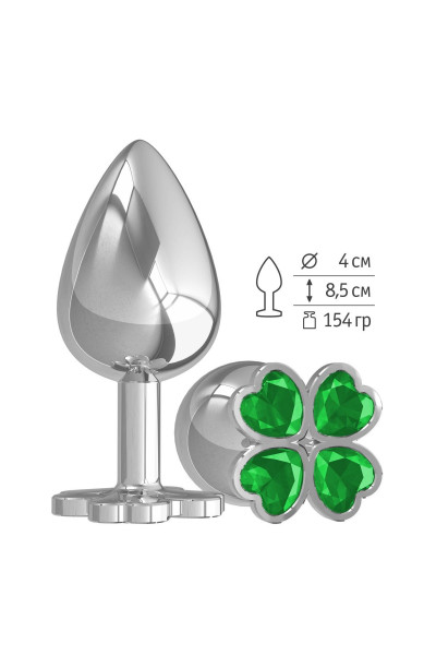 Серебристая анальная пробка-клевер с зеленым кристаллом - 9,5 см.